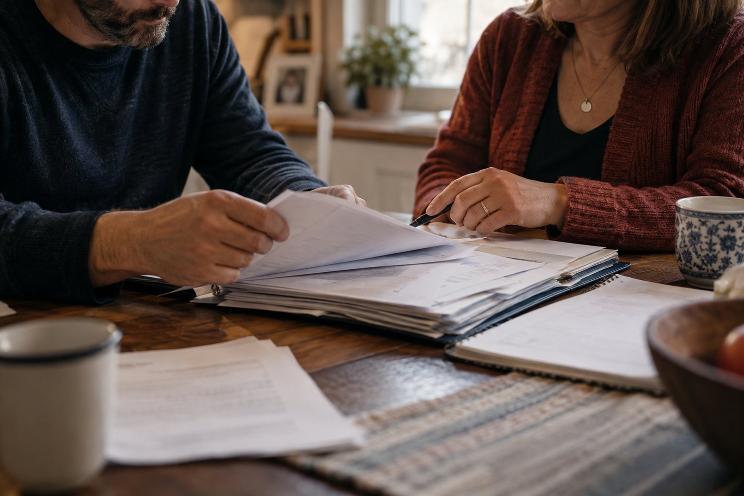 Two people looking through papers together