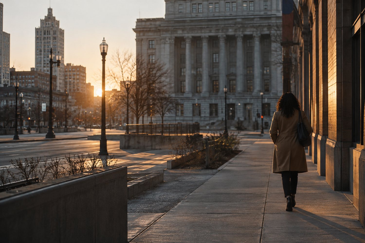 A person walking along a city street at sunrise