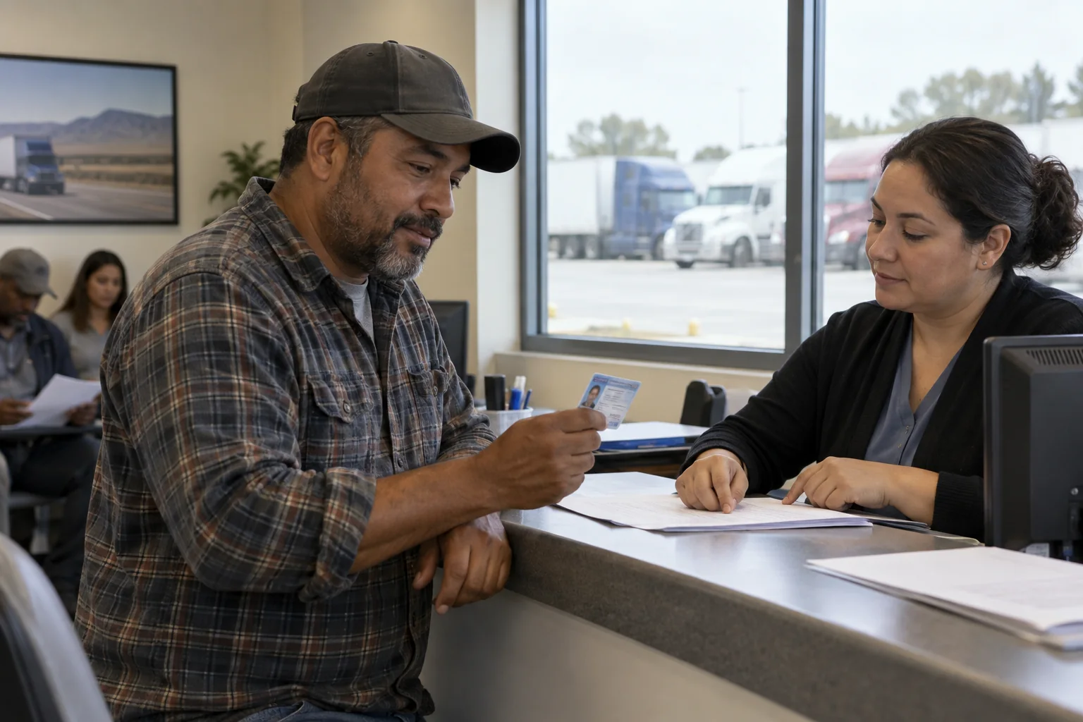 Driver and licensing clerk reviewing documents at a service counter