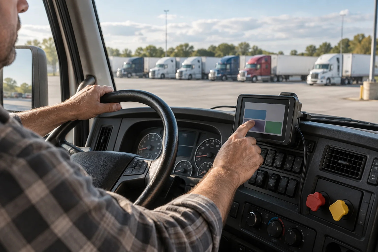 Driver checking an electronic logging device inside a parked semi-truck